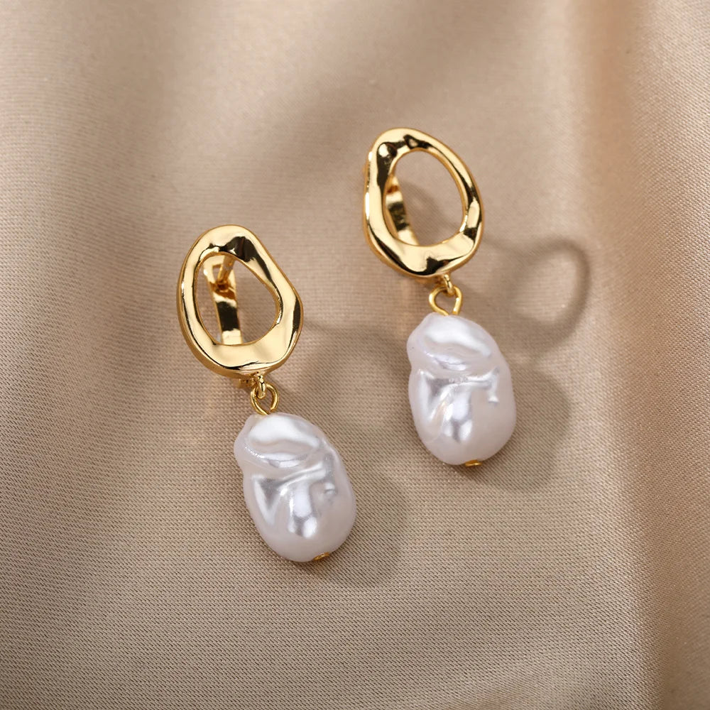 Irregular Pearl Earrings For Women Stainless Steel Round Pearl Circle Ear Clip Earring Women Jewelry Gift Mujer Accessories