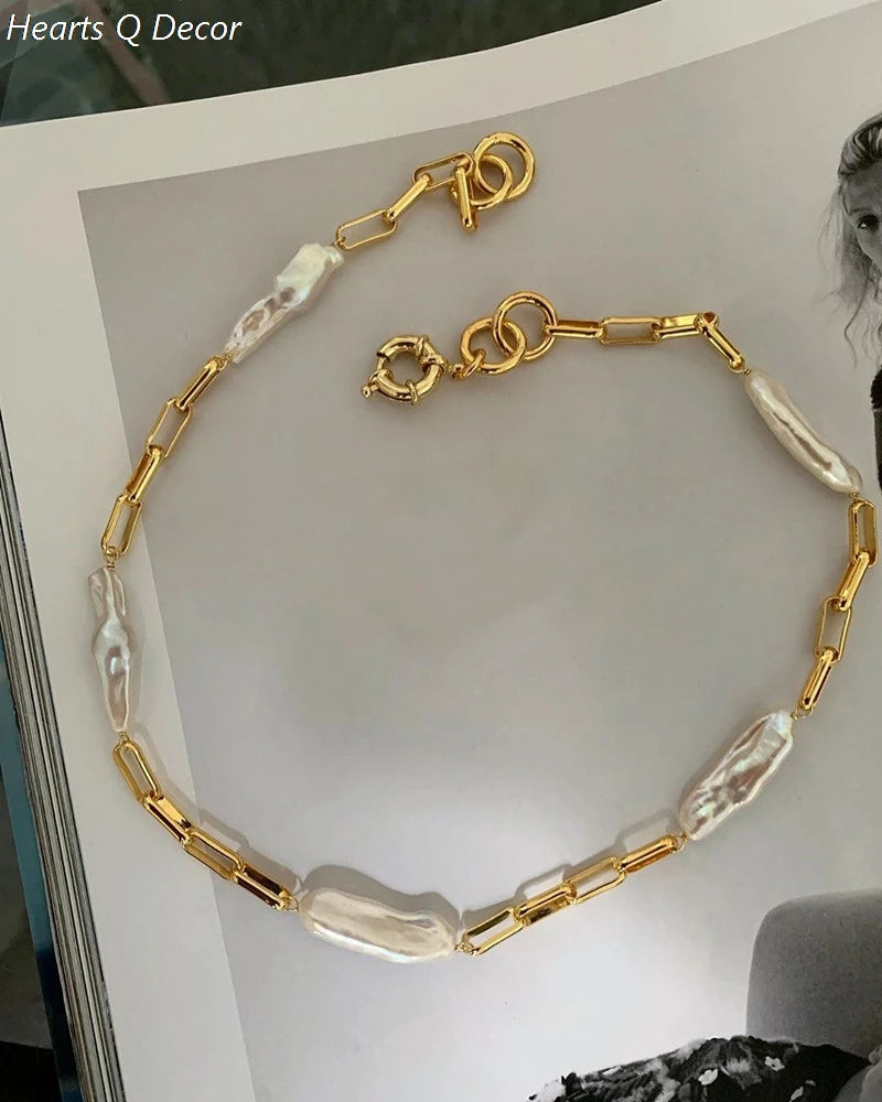 Brass Irregular Freshwater Baroque Pearl Chain Necklace Punk Statement Designer T Show Runway Gown Sweety Boho Amazing Jewelry