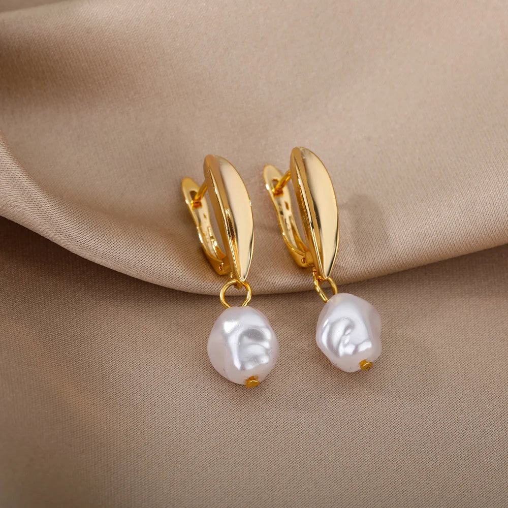 Irregular Pearl Earrings For Women Stainless Steel Round Pearl Circle Ear Clip Earring Women Jewelry Gift Mujer Accessories