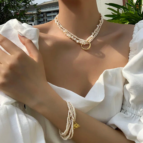 Natural Pearl Layered Necklace Women Wedding Jewelry Runway Party Japan Souch Korea Fashion