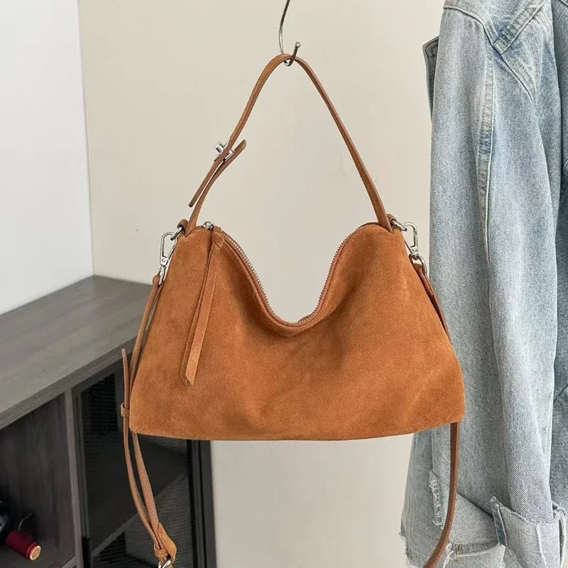 Fashion Autumn Winter Big Boston Tote Soft Matte Suede Cow Leather Women's Handbag Shoulder Crossbody Bag For Women Grey Brown