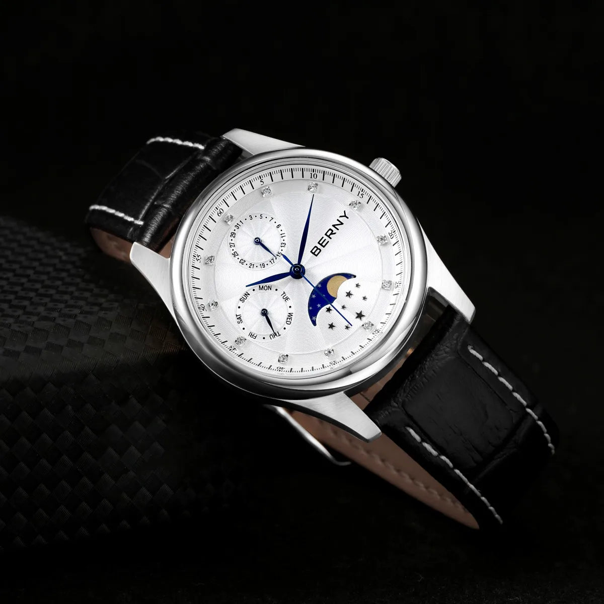 BERNY Women's Watches Calendar Date Week Real Moon Phase Quartz Women Watch Leather Strap Elegant Casual Ladies Girl Wristwatch