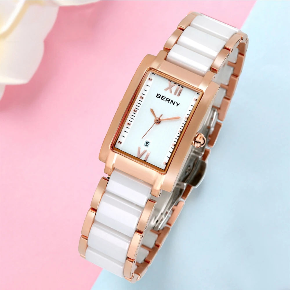 BERNY Women's Watches Calendar Date Elegant Classic Rectangle Ceramics Quartz Ladies Watch Luxury TANK Fashion Women Wristwatch