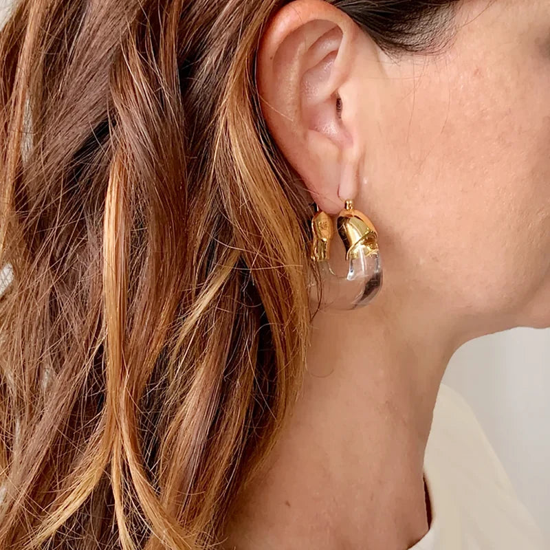 Brass With 18K Gold Resin Clear Statement Hoop Earrings Women Jewelry Punk Party Gown Runway Korean Japan
