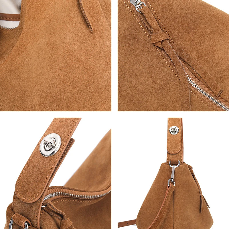 Fashion Autumn Winter Big Boston Tote Soft Matte Suede Cow Leather Women's Handbag Shoulder Crossbody Bag For Women Grey Brown