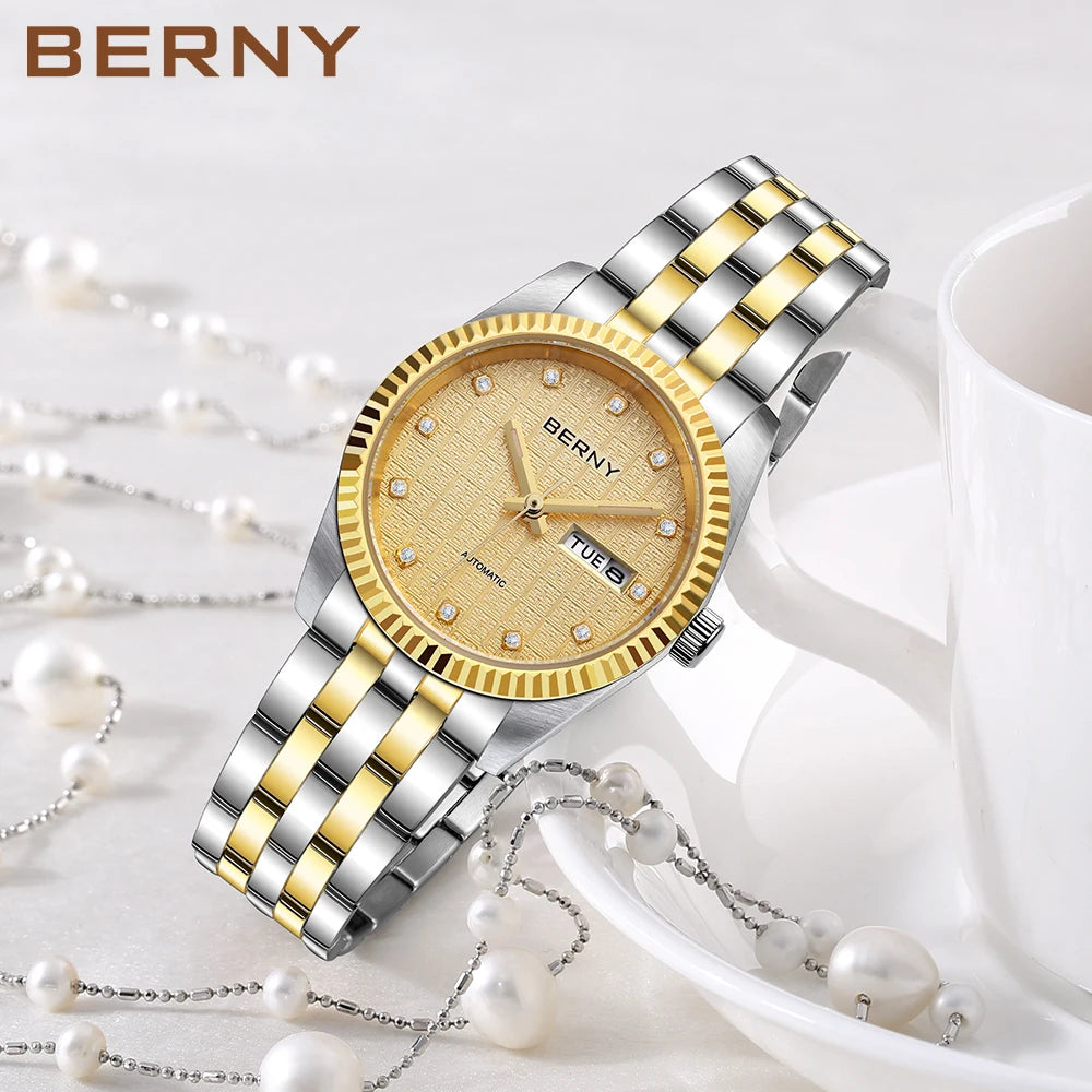 BERNY Mechanical Watch for Women Automatic Ladies Small Watches Chinese Style Happiness Wedding Sapphire Full Stainless steel