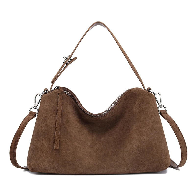 Fashion Autumn Winter Big Boston Tote Soft Matte Suede Cow Leather Women's Handbag Shoulder Crossbody Bag For Women Grey Brown