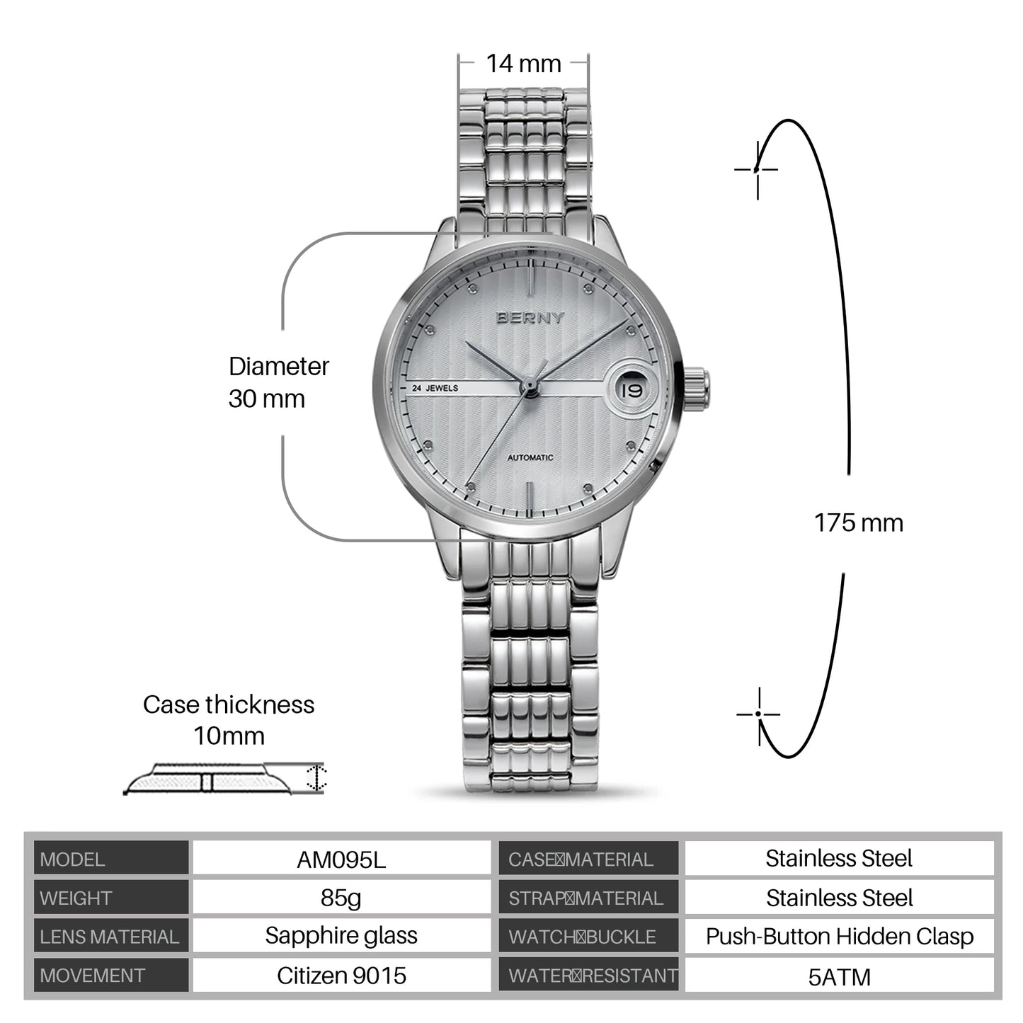 BERNY Automatic Watch for Women Elegant Luxury Brand Self-wind Mechanical Ladies Dress Wristwatch Sapphire S/S Miyota 9015 5ATM