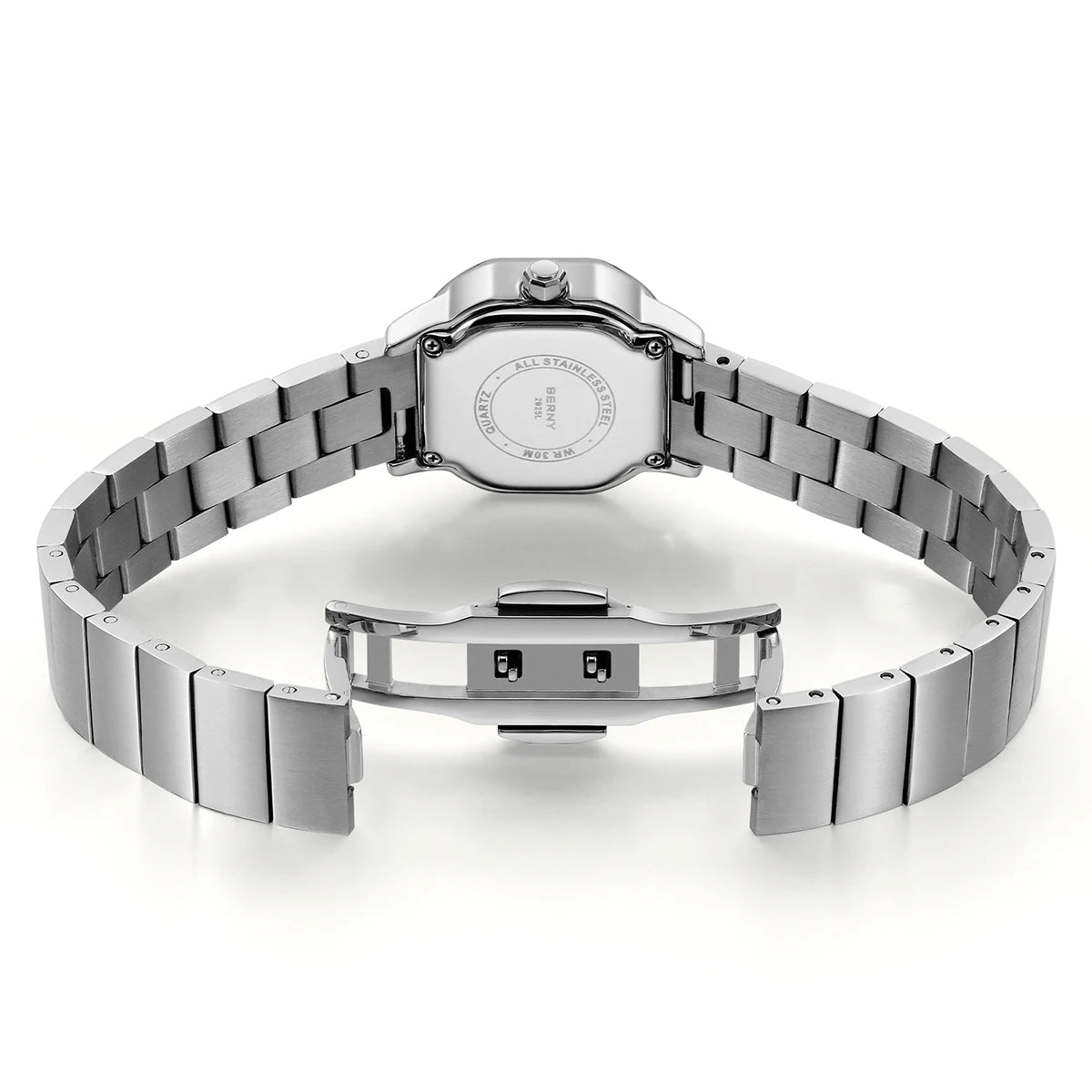 BERNY Watch for Women Silver Full Stainless Steel Square Small Dial Quartz Women's Wristwatch Waterproof Dress Ladies Watches