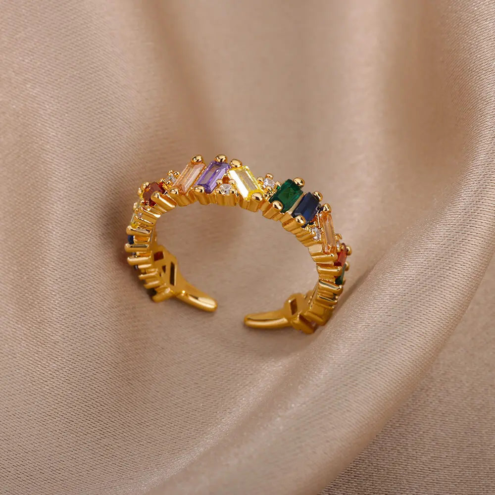Colorful Zircon Round Stone Rings For Women Stainless Steel Gold Color Finger Ring Wedding Aesthetic Jewelry Gift bijoux femme