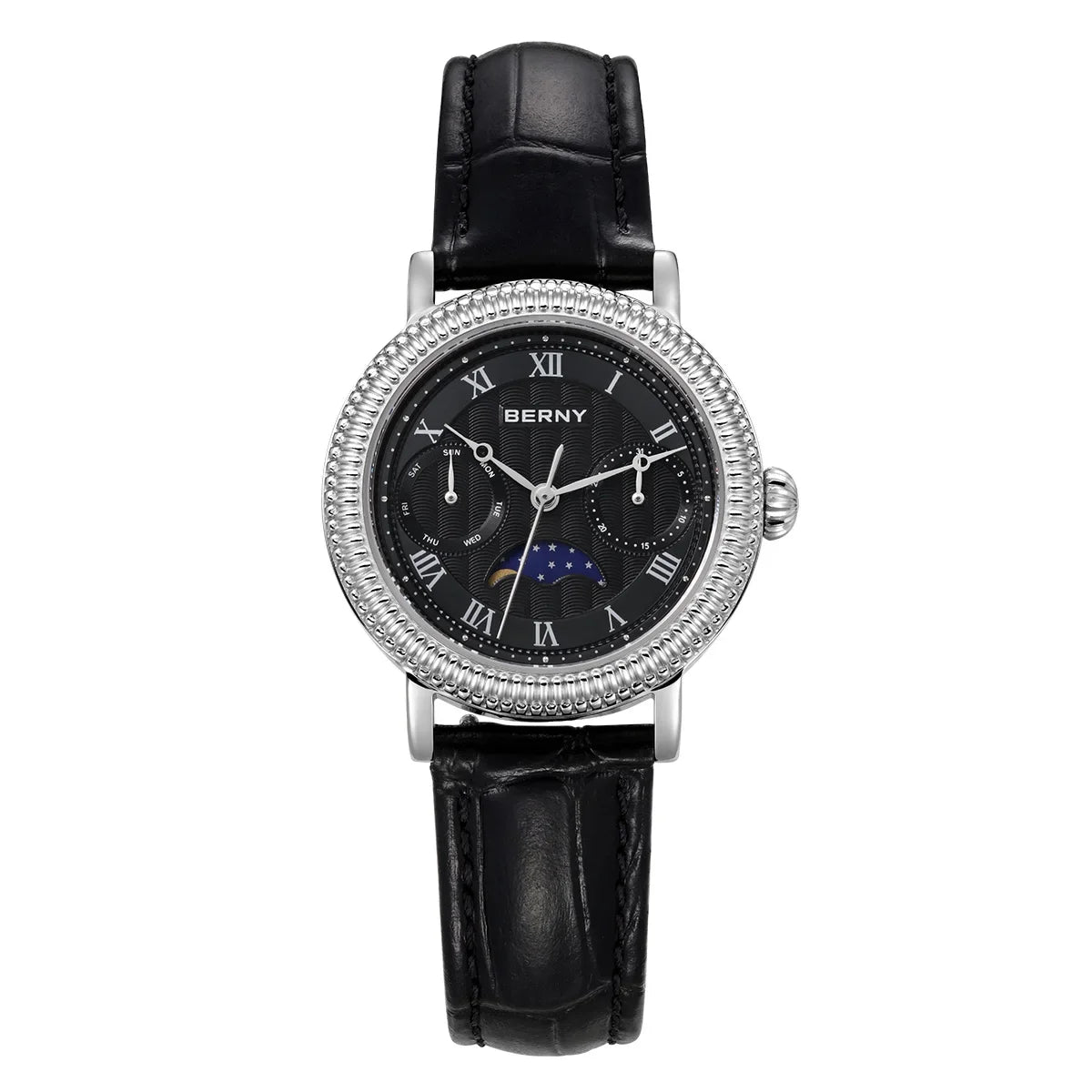 BERNY Women's Watches Luxury Business Dress Watch Moon Phase Elegant Quartz Ladies Wrist Watches Leather Band Stainless Steel