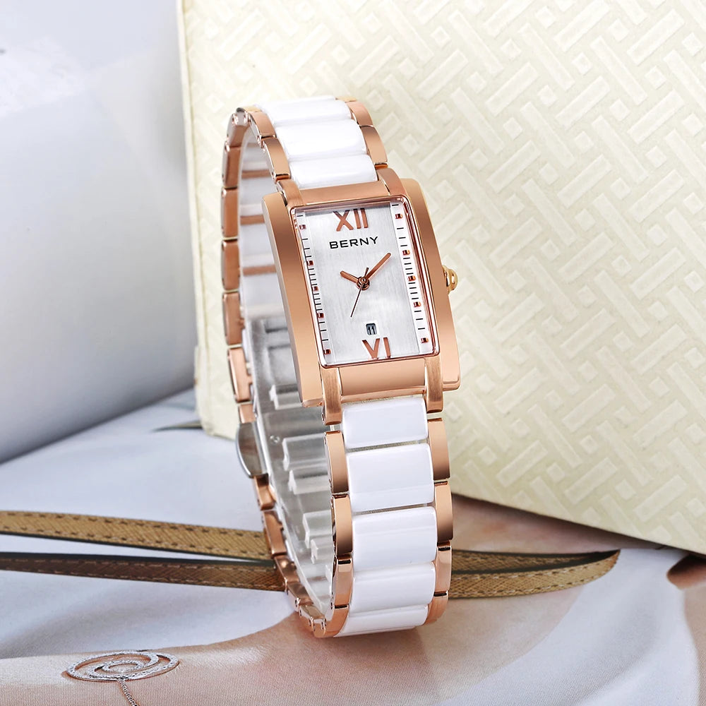 BERNY Women's Watches Calendar Date Elegant Classic Rectangle Ceramics Quartz Ladies Watch Luxury TANK Fashion Women Wristwatch