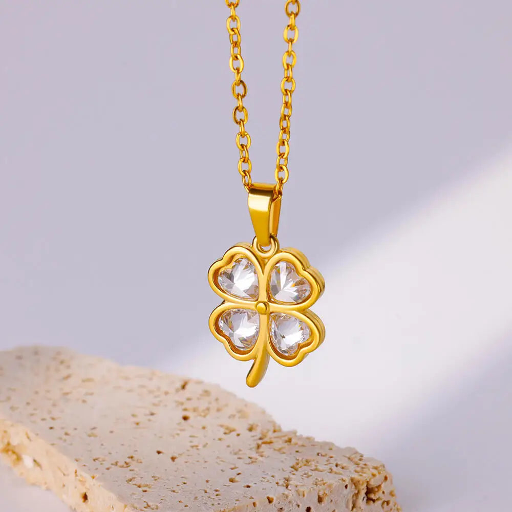 Four Leaf Clover Stainless Steel Necklaces For Women Green Zircon Gold Color Quality Jewelry Pendant Necklace Gift Free Shipping