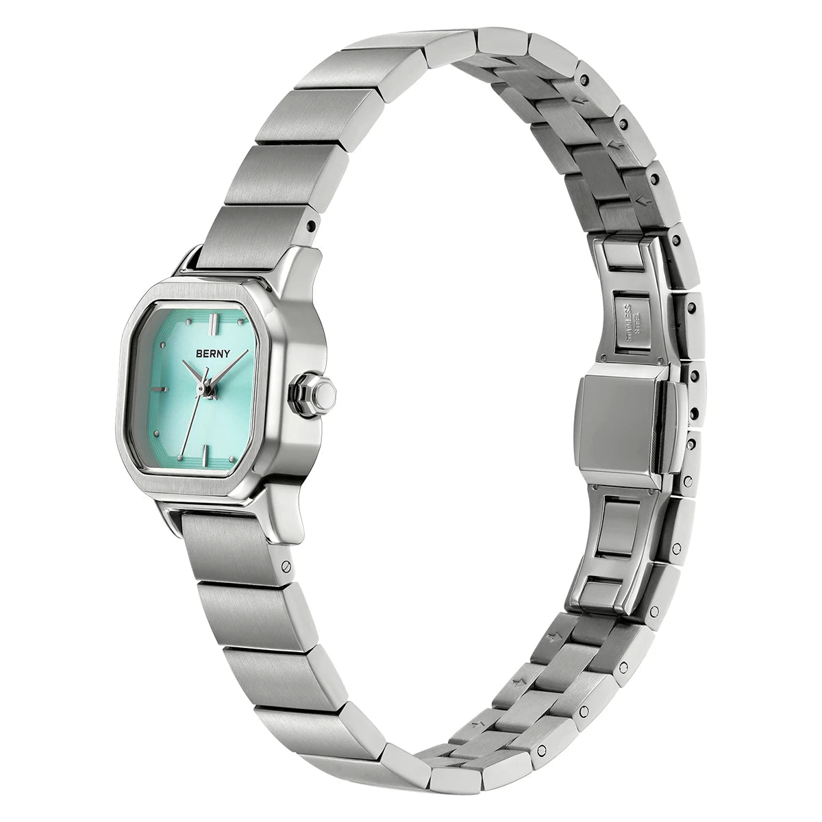 BERNY Watch for Women Silver Full Stainless Steel Square Small Dial Quartz Women's Wristwatch Waterproof Dress Ladies Watches