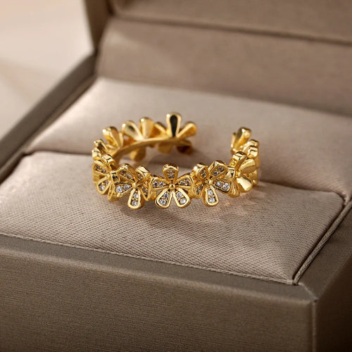 Ladies Flower Open Rings For Women Stainless Steel Cubic Zircon Flower Open Adjustable Ring Jewelry Students Girl Gift 2022