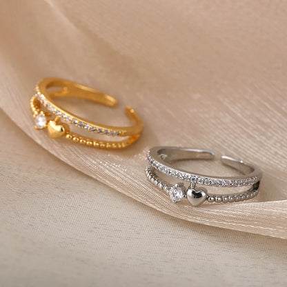 Zircon Heart Rings For Women Stainless Steel Gold Color  Double Heart Ring Wedding Engagement Jewelry Accessories Gift Bijoux