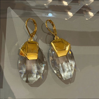 Brass With 18k Gold Clear Crystal Drop Earrings Women Jewelry Party Boho T Show Gown Runway Rare Korean Japan Trendy INS