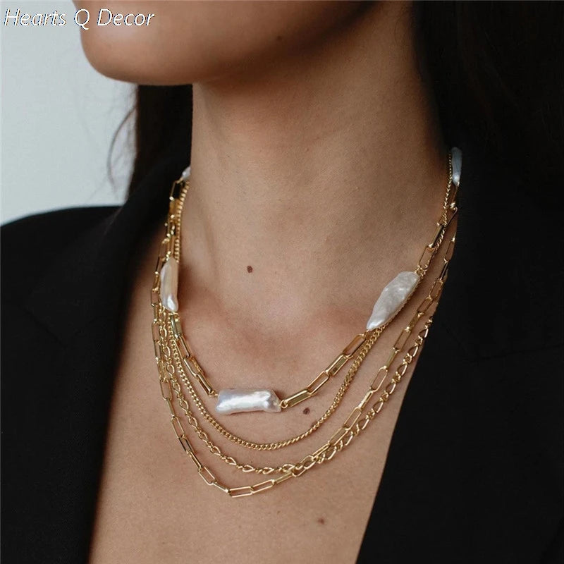 Brass Irregular Freshwater Baroque Pearl Chain Necklace Punk Statement Designer T Show Runway Gown Sweety Boho Amazing Jewelry