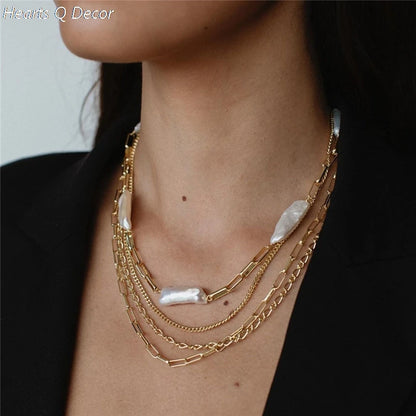 Brass Irregular Freshwater Baroque Pearl Chain Necklace Punk Statement Designer T Show Runway Gown Sweety Boho Amazing Jewelry