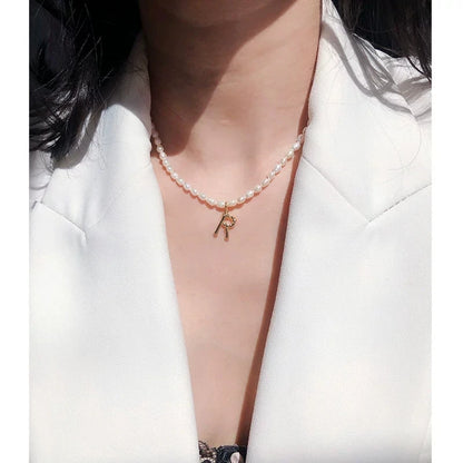 Brass With 18K Real Gold 26 Letters Real Pearl Pendant Necklace Women Jewelry Party Designer T Show Runway INS Japan Korean