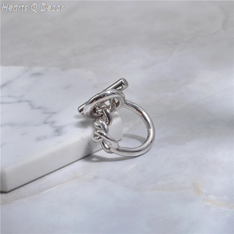 Brass Geo Buckle Chained Rings Punk Style Designer Club Cocktail  Party Gown Amazing Gift Trendy Boho Korean Japan