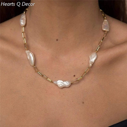 Brass Irregular Freshwater Baroque Pearl Chain Necklace Punk Statement Designer T Show Runway Gown Sweety Boho Amazing Jewelry
