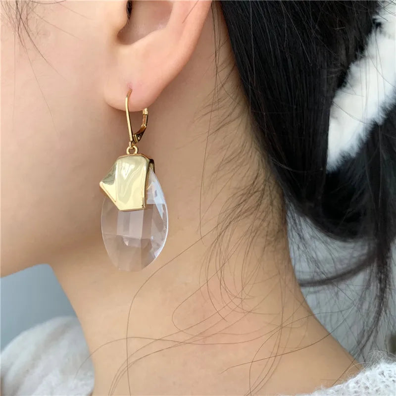 Brass With 18k Gold Clear Crystal Drop Earrings Women Jewelry Party Boho T Show Gown Runway Rare Korean Japan Trendy INS