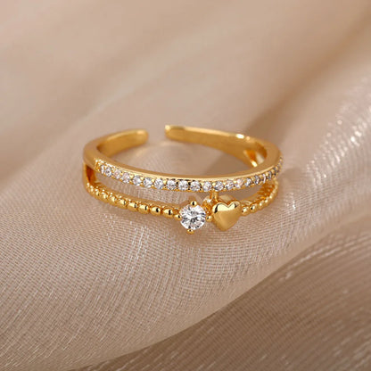 Zircon Heart Rings For Women Stainless Steel Gold Color  Double Heart Ring Wedding Engagement Jewelry Accessories Gift Bijoux