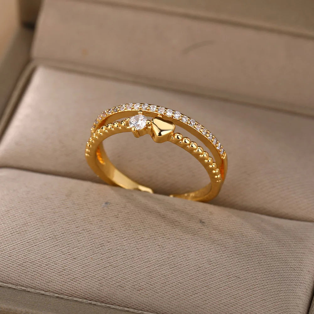 Zircon Heart Rings For Women Stainless Steel Gold Color  Double Heart Ring Wedding Engagement Jewelry Accessories Gift Bijoux