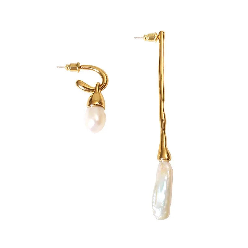 Brass With 18k Gold Iregular Real Baroque Pearl Earrings Women Jewelry Party T Show Gown Runway rare Korean Japan Trendy INS