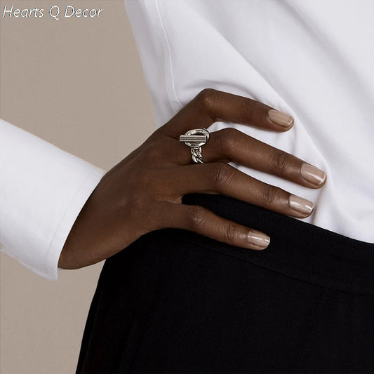 Brass Geo Buckle Chained Rings Punk Style Designer Club Cocktail  Party Gown Amazing Gift Trendy Boho Korean Japan