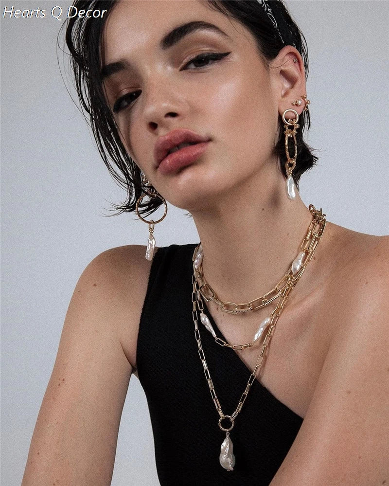 Brass Irregular Freshwater Baroque Pearl Chain Necklace Punk Statement Designer T Show Runway Gown Sweety Boho Amazing Jewelry