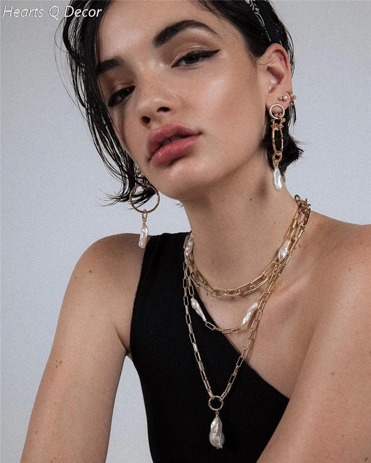 Brass Irregular Freshwater Baroque Pearl Chain Necklace Punk Statement Designer T Show Runway Gown Sweety Boho Amazing Jewelry