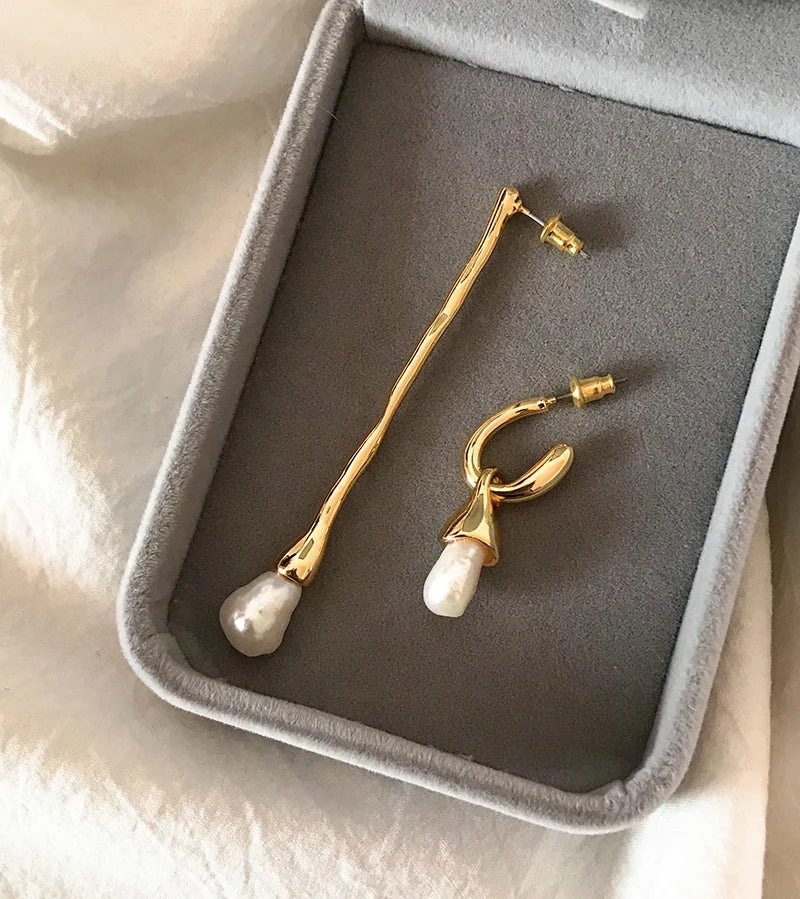 Brass With 18k Gold Iregular Real Baroque Pearl Earrings Women Jewelry Party T Show Gown Runway rare Korean Japan Trendy INS