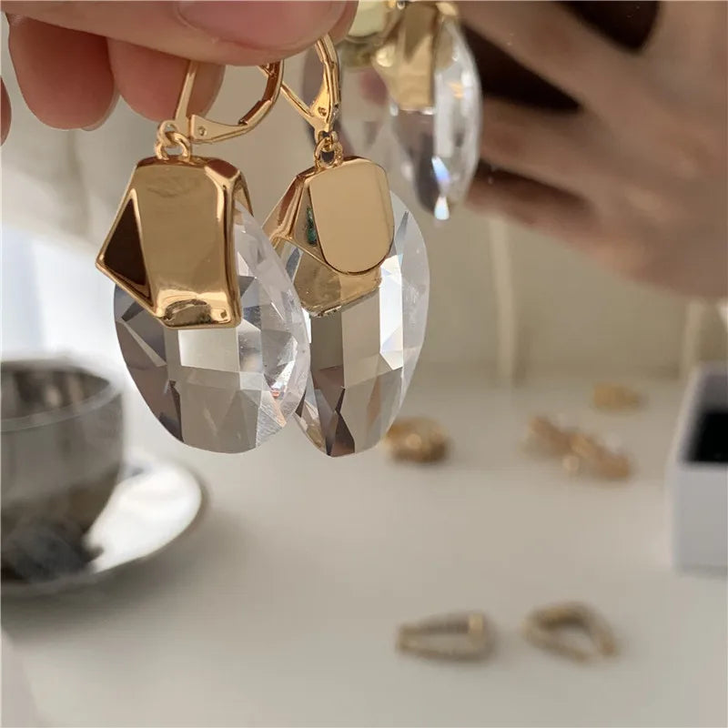 Brass With 18k Gold Clear Crystal Drop Earrings Women Jewelry Party Boho T Show Gown Runway Rare Korean Japan Trendy INS