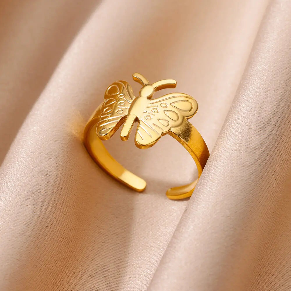 Irregular Geometric Glossy Stainless Steel Open Rings For Women Minimalist Gold Color Adjustable Wedding Ring Female Jewelry