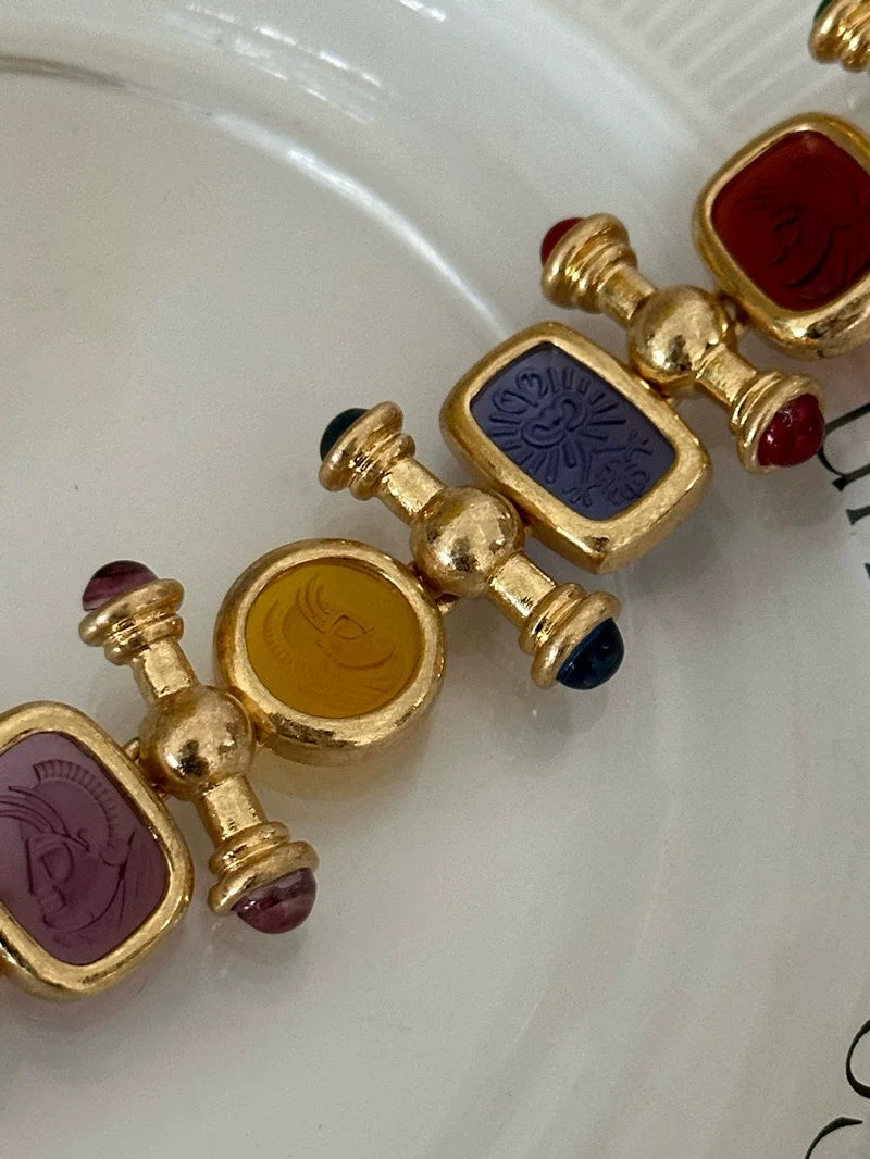 Brass Statement Chunky Colorful Retro Beads Bracelet Women Jewelry Designer T Show Runway Gown Rare INS Japan Korean Trendy
