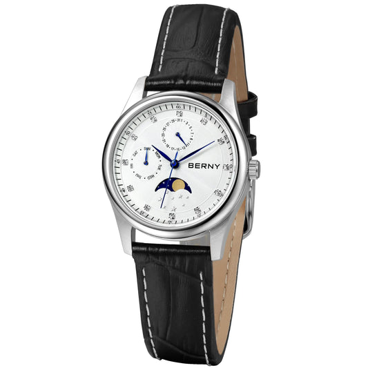 BERNY Women's Watches Calendar Date Week Real Moon Phase Quartz Women Watch Leather Strap Elegant Casual Ladies Girl Wristwatch