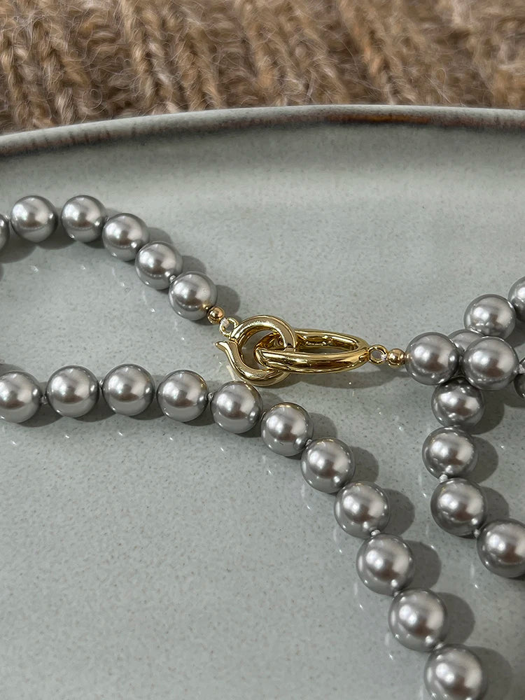 Elegance Gray Pearl Linked  Necklaces Women Jewelry Punk Hiphop Designer Runway Rare  Boho Top Japan Korean