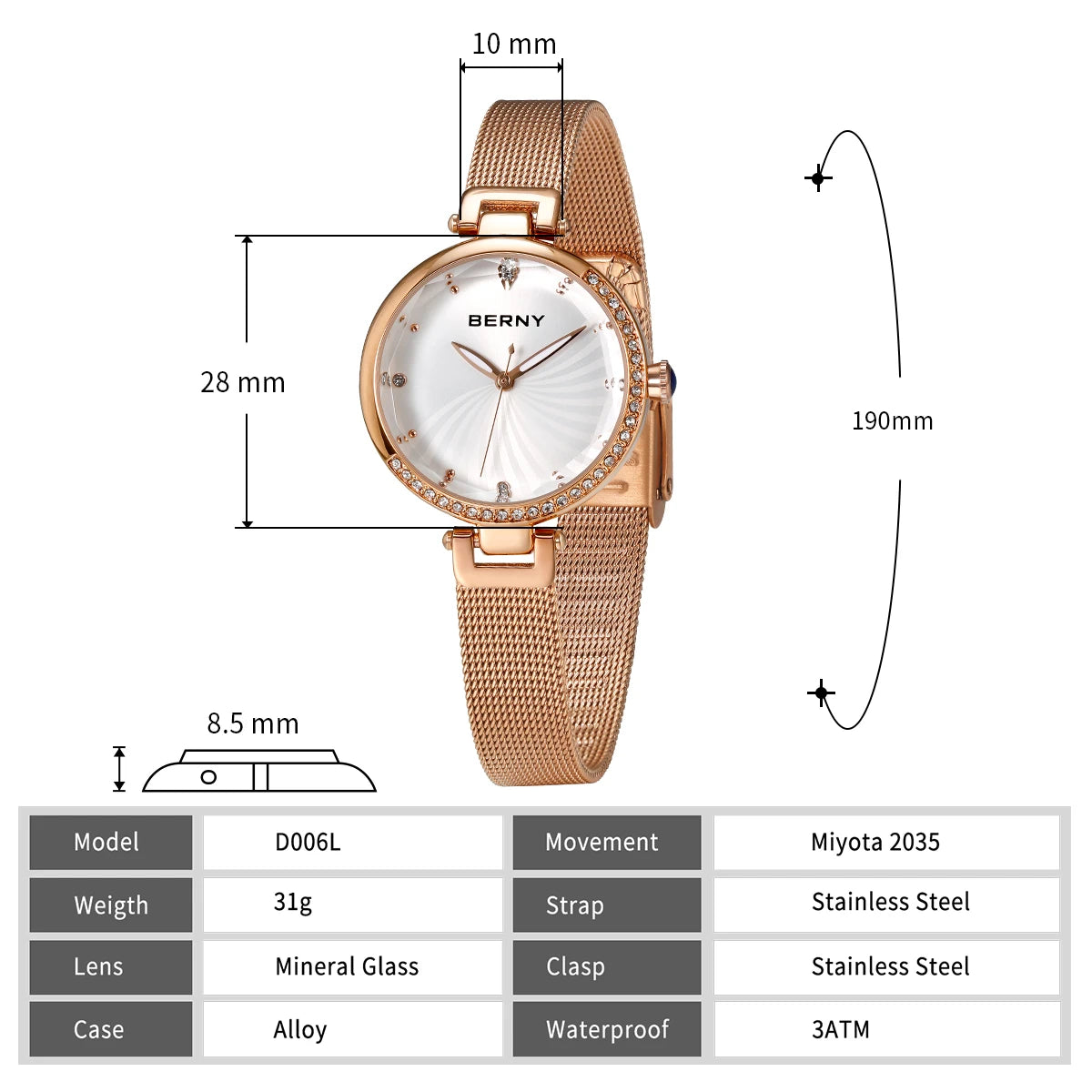 BERNY Women's Watches Luminous Small Dial Luxury Brand Woman Watch Adjustable S/S Strap Elegant Diamond Ladies Wristwatch