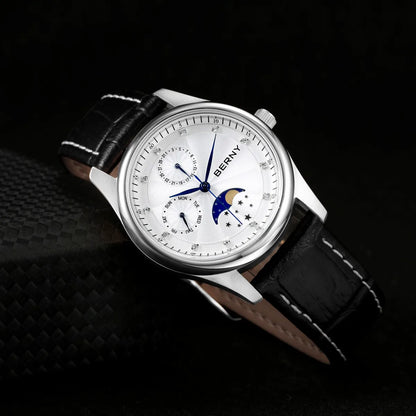 BERNY Women's Watches Calendar Date Week Real Moon Phase Quartz Women Watch Leather Strap Elegant Casual Ladies Girl Wristwatch
