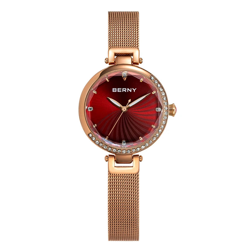 BERNY Women's Watches Luminous Small Dial Luxury Brand Woman Watch Adjustable S/S Strap Elegant Diamond Ladies Wristwatch