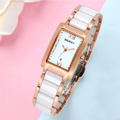 BERNY Women's Watches Calendar Date Elegant Classic Rectangle Ceramics Quartz Ladies Watch Luxury TANK Fashion Women Wristwatch