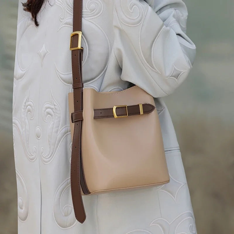 Cow Split Leather Bucket Bag Women Vintage messenger High Quality Simple Handbag Lady Shoulder Bag Luxury Female Crossbody Bags