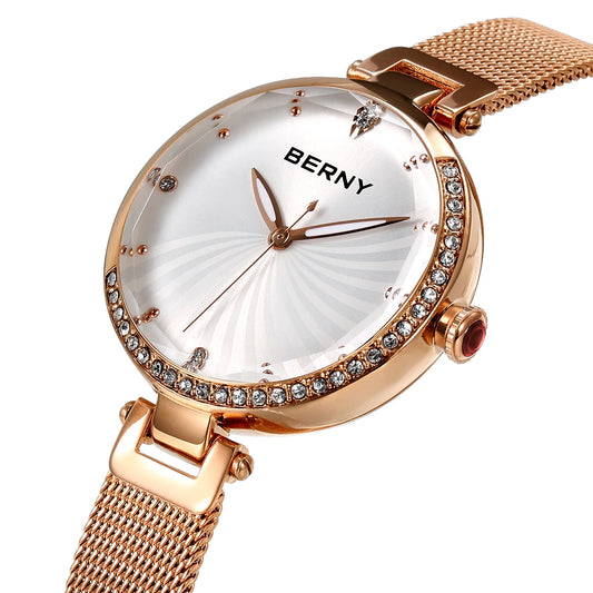 BERNY Women's Watches Luminous Small Dial Luxury Brand Woman Watch Adjustable S/S Strap Elegant Diamond Ladies Wristwatch