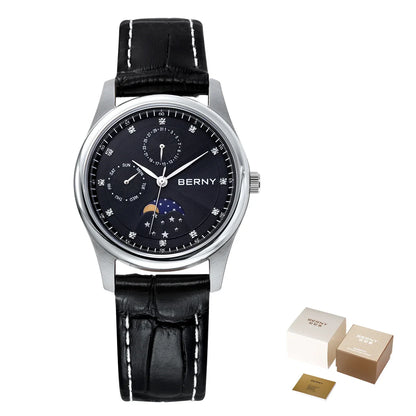 BERNY Women's Watches Calendar Date Week Real Moon Phase Quartz Women Watch Leather Strap Elegant Casual Ladies Girl Wristwatch