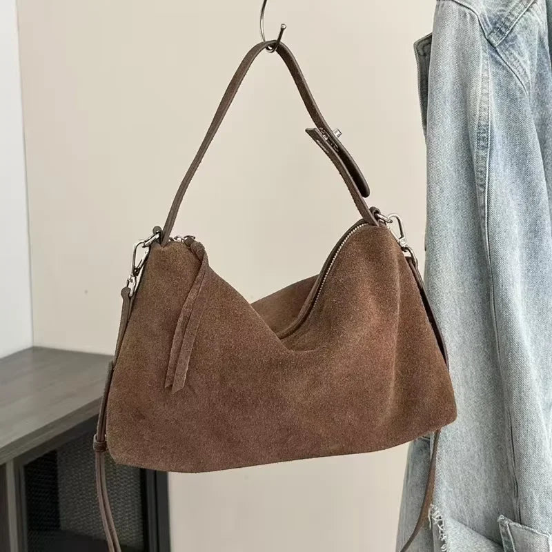 Fashion Autumn Winter Big Boston Tote Soft Matte Suede Cow Leather Women's Handbag Shoulder Crossbody Bag For Women Grey Brown