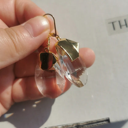 Brass With 18k Gold Clear Crystal Drop Earrings Women Jewelry Party Boho T Show Gown Runway Rare Korean Japan Trendy INS