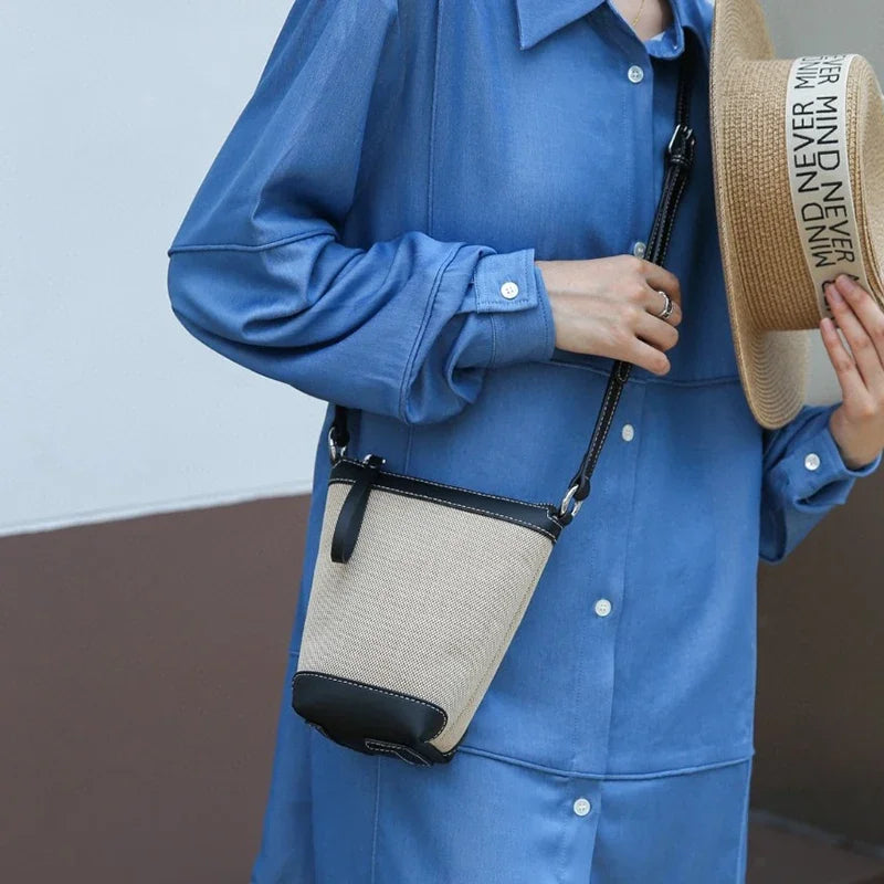 2024 Genuine leather Canvas Crossbody Women's Bag Bucket Bag Autumn Winter Ladies Designer Luxury Brand Lightweight Small Bag