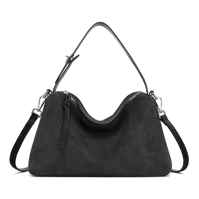 Fashion Autumn Winter Big Boston Tote Soft Matte Suede Cow Leather Women's Handbag Shoulder Crossbody Bag For Women Grey Brown